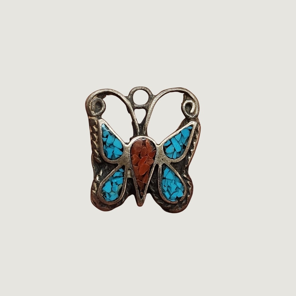 Vintage Turquoise Coral Chip Inlay Butterfly Pendant Sterling Silver Zuni Style